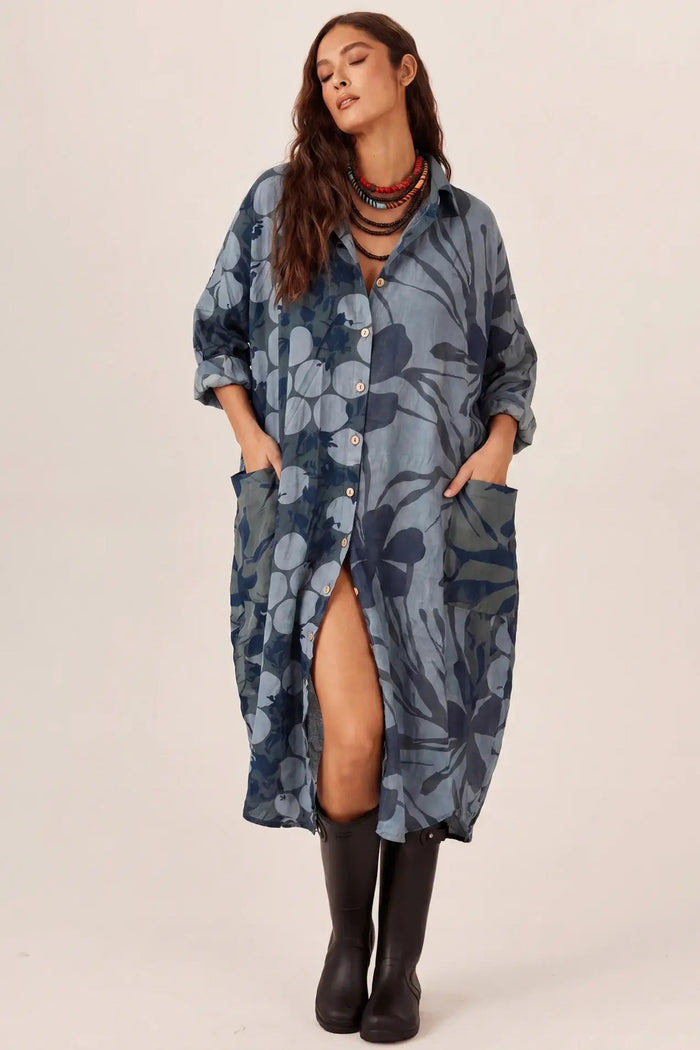 Chemise Ampla Estampada Com Bolsões Azul Petróleo Yacamim M9