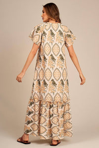Yacamim Beige Printed Eyelet Long Dress