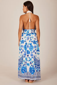 Yacamim D18 Printed Blue Halter Midi Dress