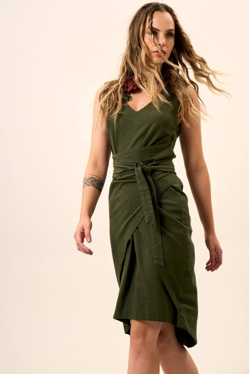 Yacamim Dark Green Sleeveless Dress with Side Flaps C15