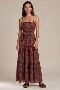 Vestido Longo Costas Abertas Marrom Escuro Estampado Yacamim D2