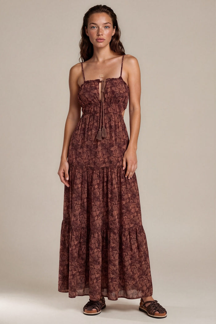 Vestido Longo Costas Abertas Marrom Escuro Estampado Yacamim D2