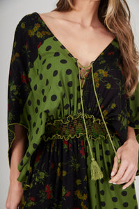 Yacamim E18 Green Polka Dot Patchwork Long Dress