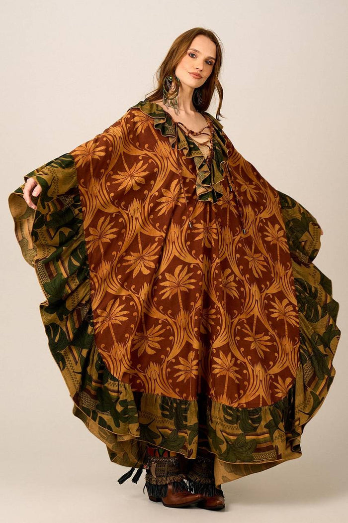 Yacamim J1 Wide Long Dark Brown and Green Patchwork Caftan