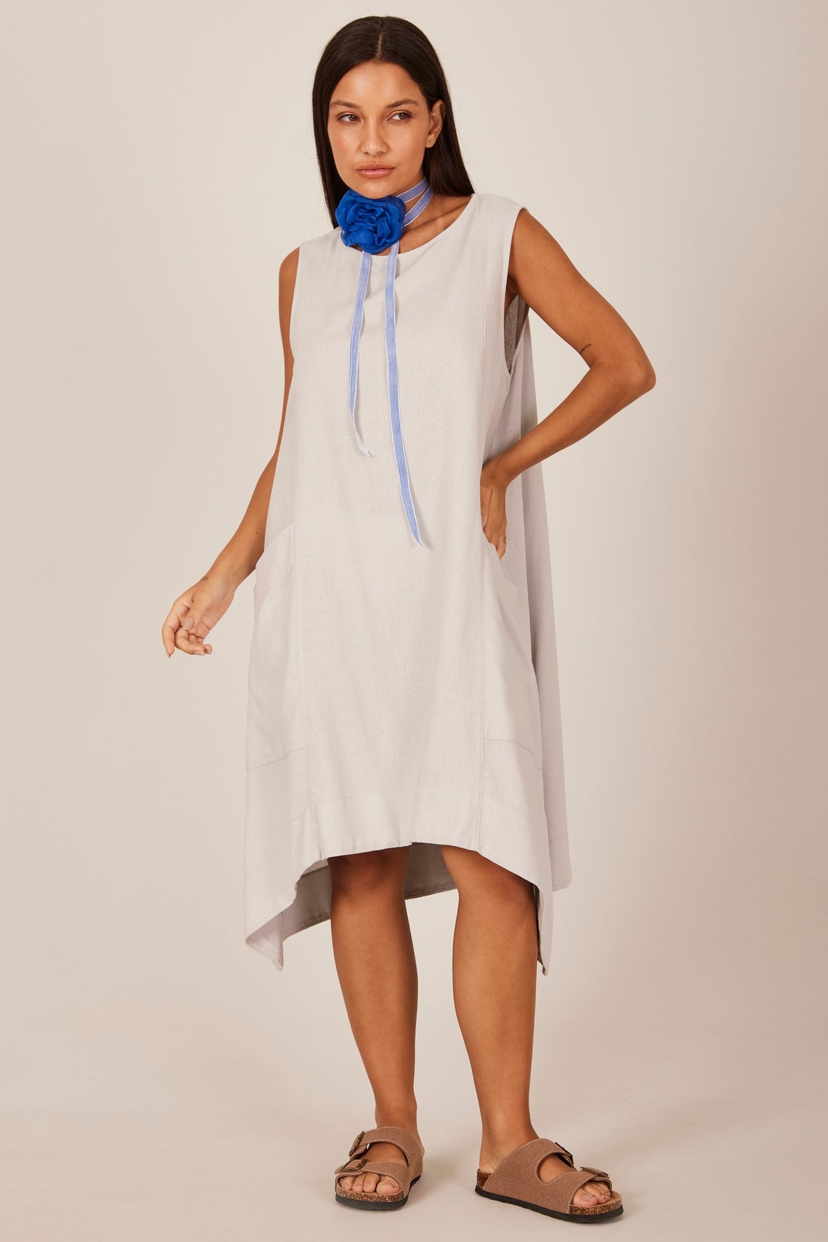 Light Gray Yacamim C28 Plain Linen Sleeveless Short Dress