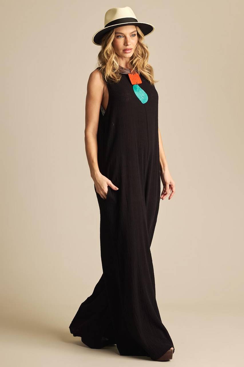 Yacamim Black Sleeveless Wide-Leg Jumpsuit