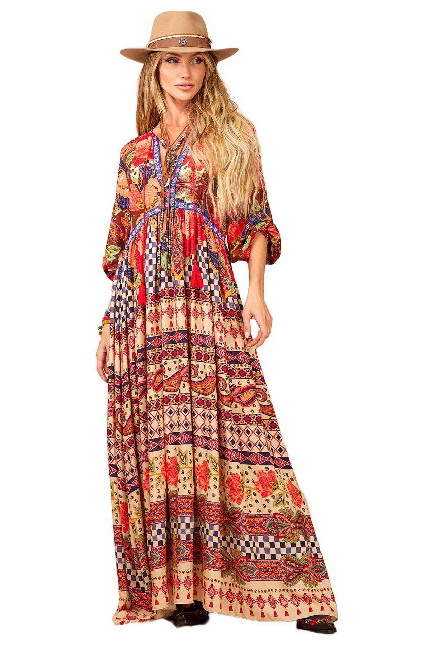 Yacamim Red Printed V-Neck Maxi Dress