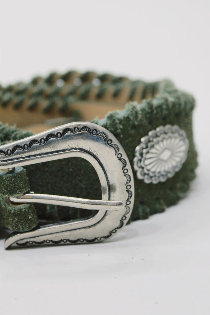 Yacamim Dark Green Leather Belt with Metallic Buckle #665