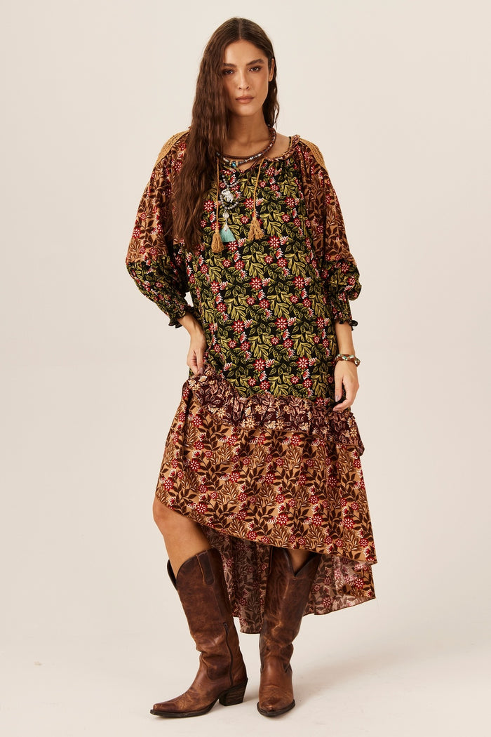 Yacamim C28 Green and Brown Patchwork Wide Midi Dress