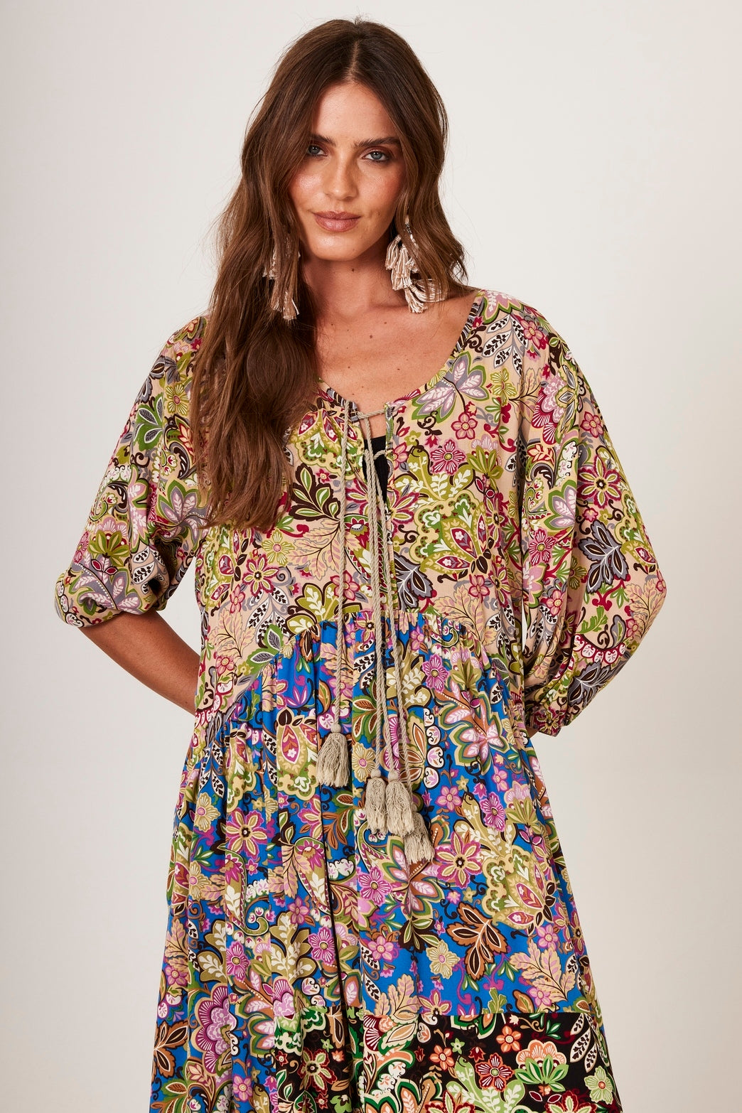 Long Dress With 3/8 Sleeves Green Patchwork Yacamim E14