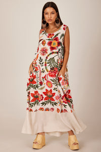 Yacamim E22 White Printed Linen Sleeveless Midi Dress