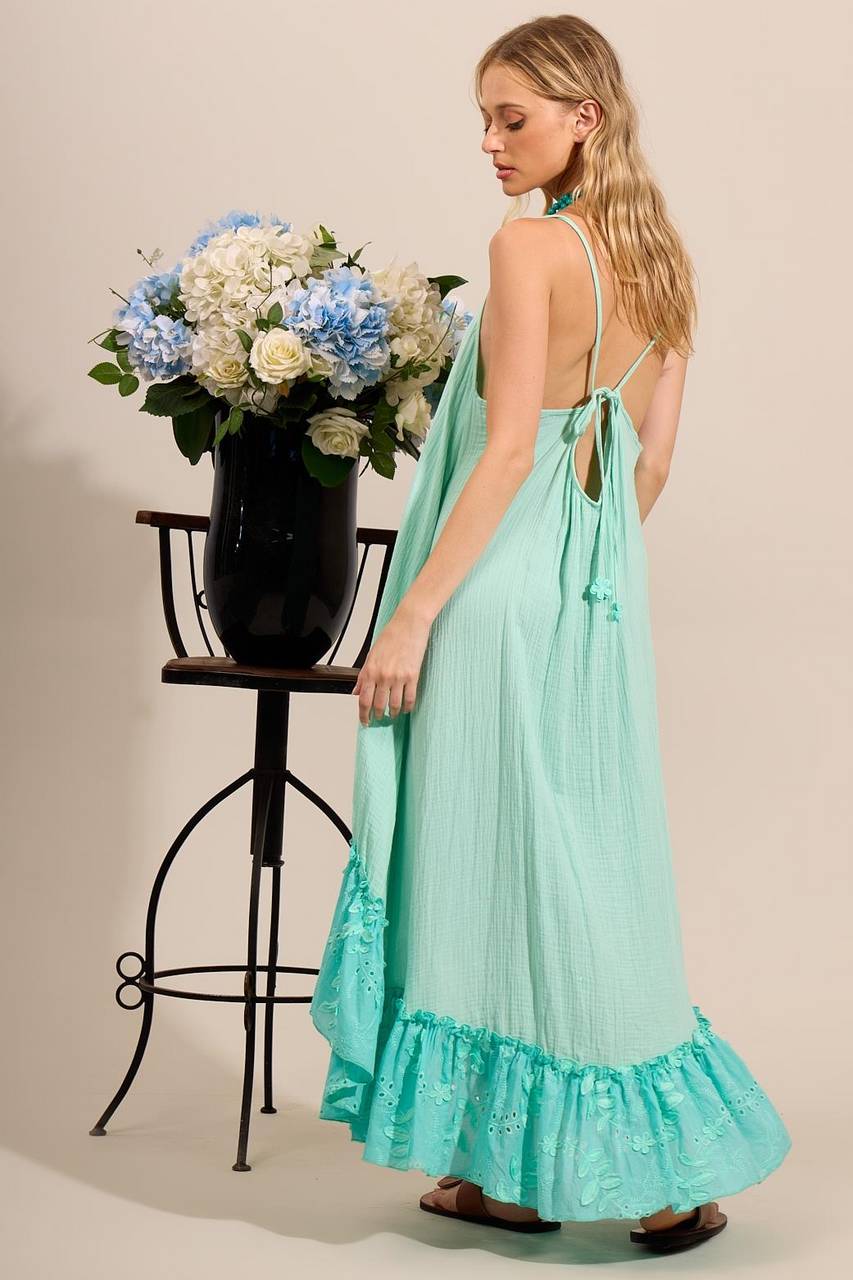 Yacamim C29 Mint Green Broderie Ruffled Mullet Dress with Straps