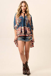 Loose Tunic with 3/4 Puffy Sleeves Blue Cashmere Print Yacamim