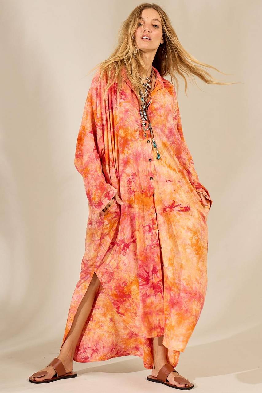 Yacamim Orange Tie-Dye Digital Print Long Loose Shirt