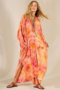 Yacamim Orange Tie-Dye Digital Print Long Loose Shirt