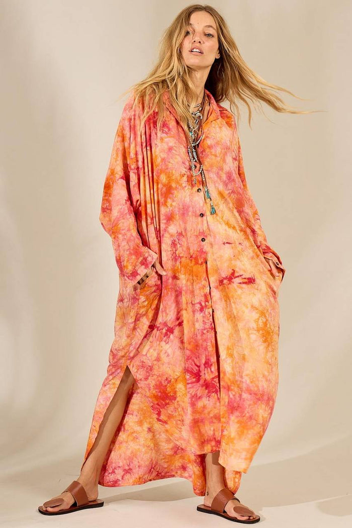 Yacamim Orange Tie-Dye Digital Print Long Loose Shirt