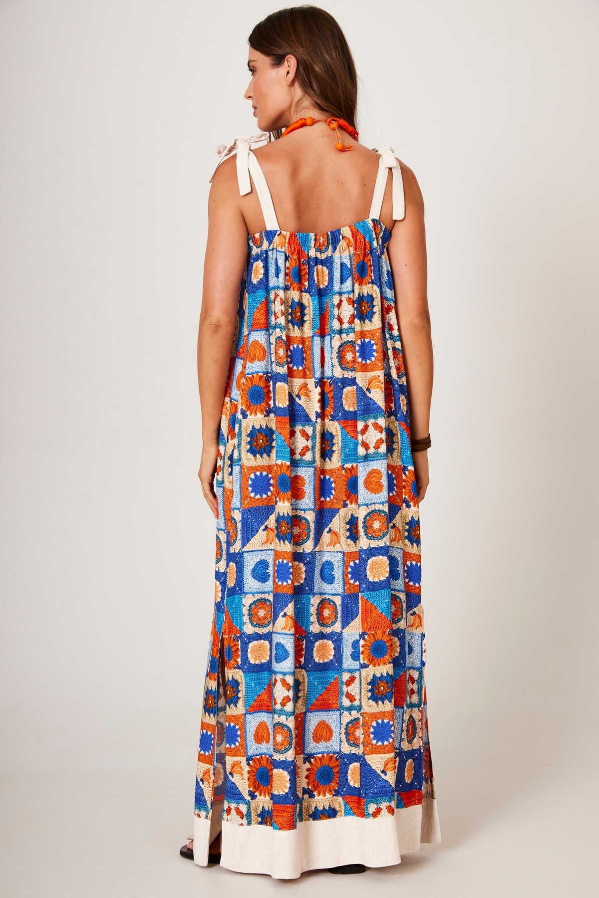 Yacamim C17 Geometric Print Long Dress With Tie Straps