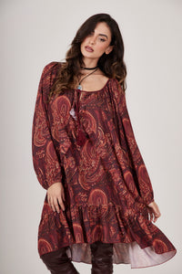 Yacamim D18 Paisley Print Burgundy Short Dress