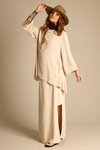 Yacamim Long Linen Skirt with Slits Beige G1