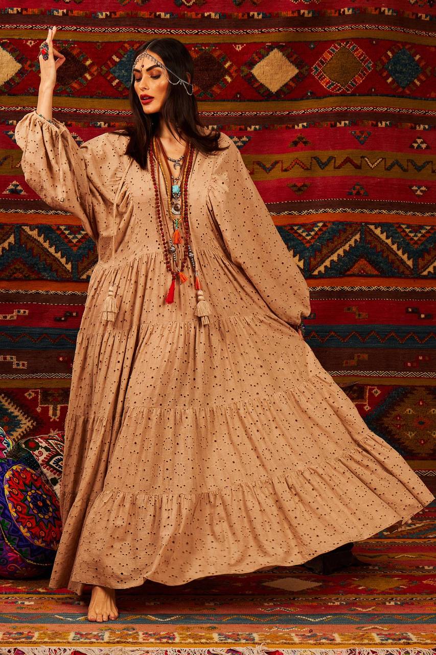 Yacamim Women's Beige Long Broderie Puff Sleeve V-Neck Dress