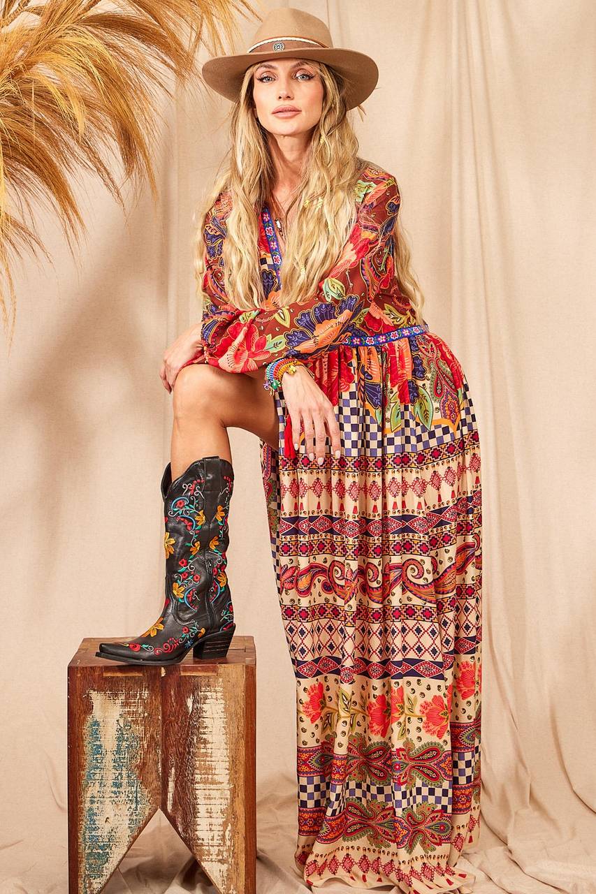 Yacamim Red Printed V-Neck Maxi Dress