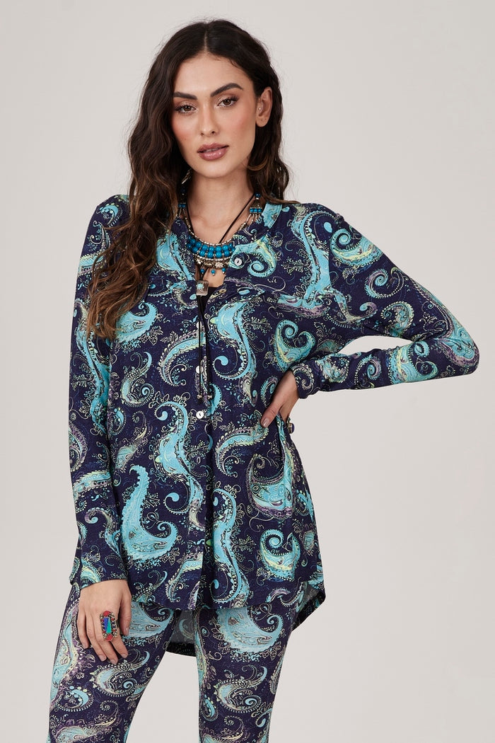 Camisa Ampla Com Botões Azul Estampa Paisley Yacamim A14