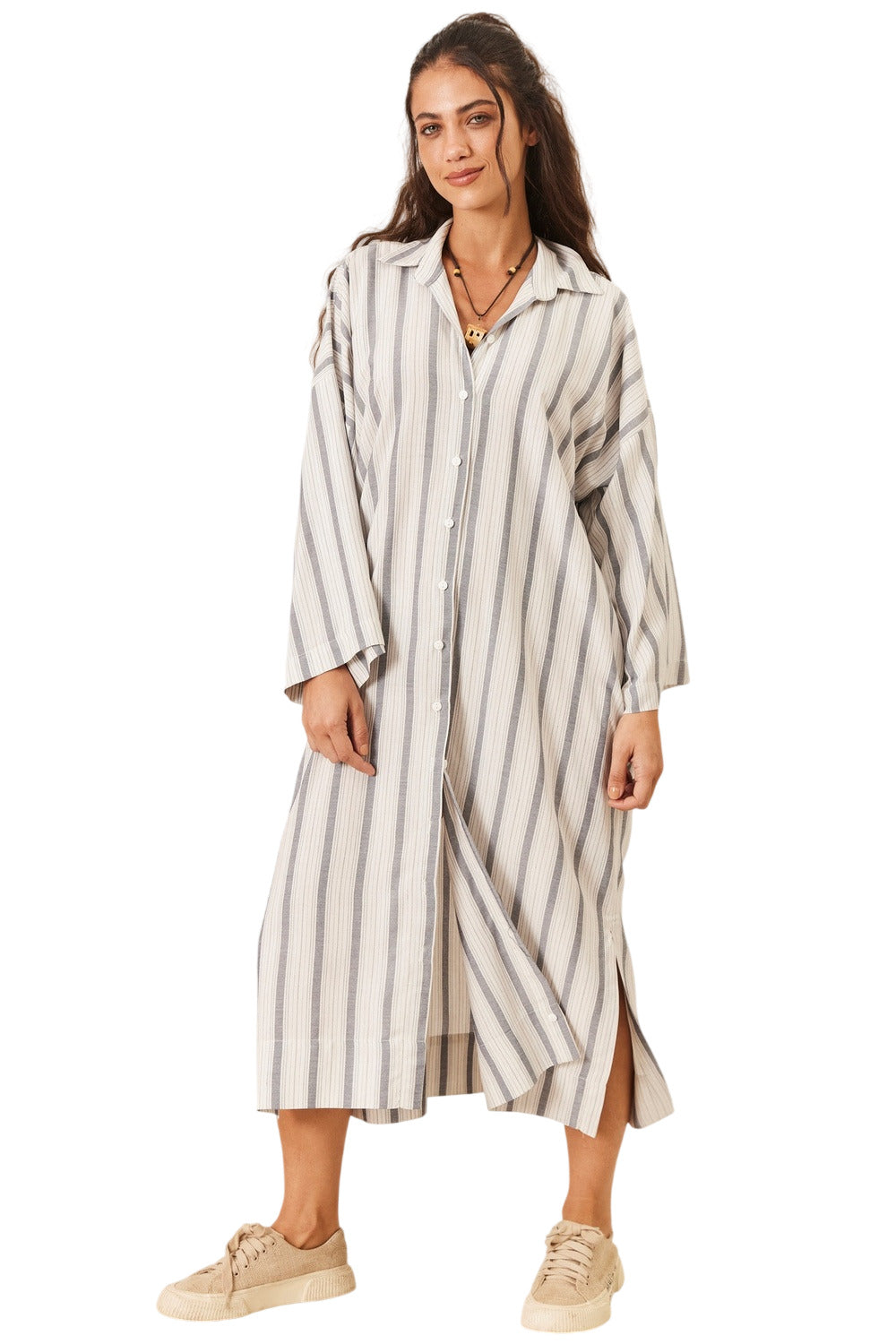 Chemise Amplo Midi Manga Longa Cinza Listrado Yacamim M8
