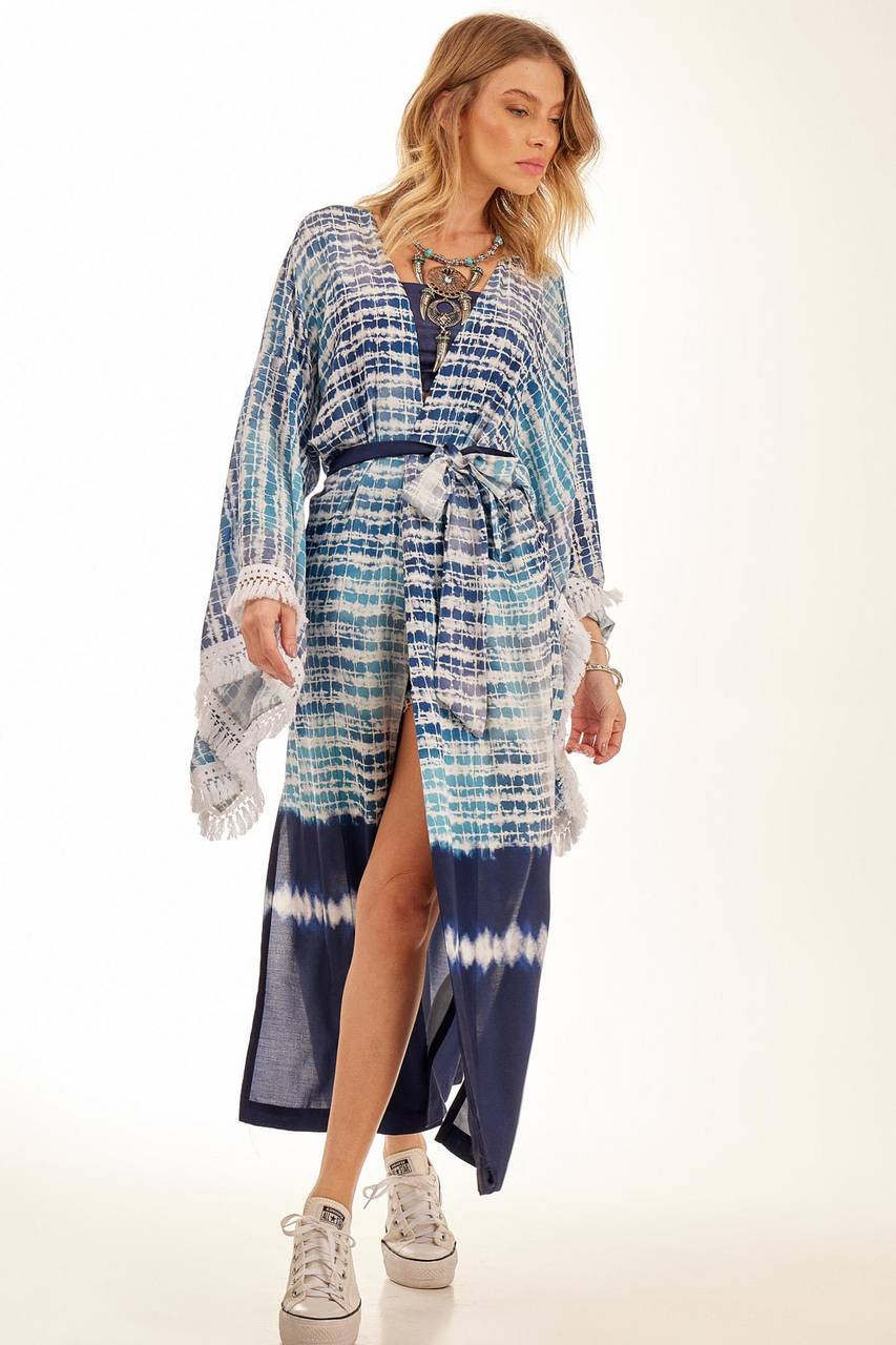Yacamim Blue Digital Print Tie-Dye Long Kimono