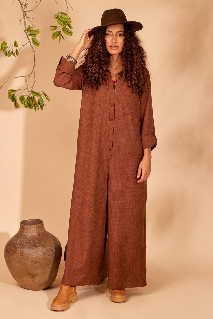 Yacamim Brown Long Pantaloon Jumpsuit with Folded Sleeves