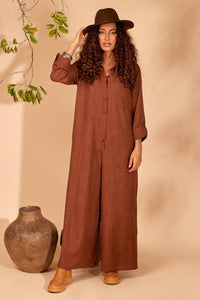 Yacamim Brown Long Pantaloon Jumpsuit with Folded Sleeves
