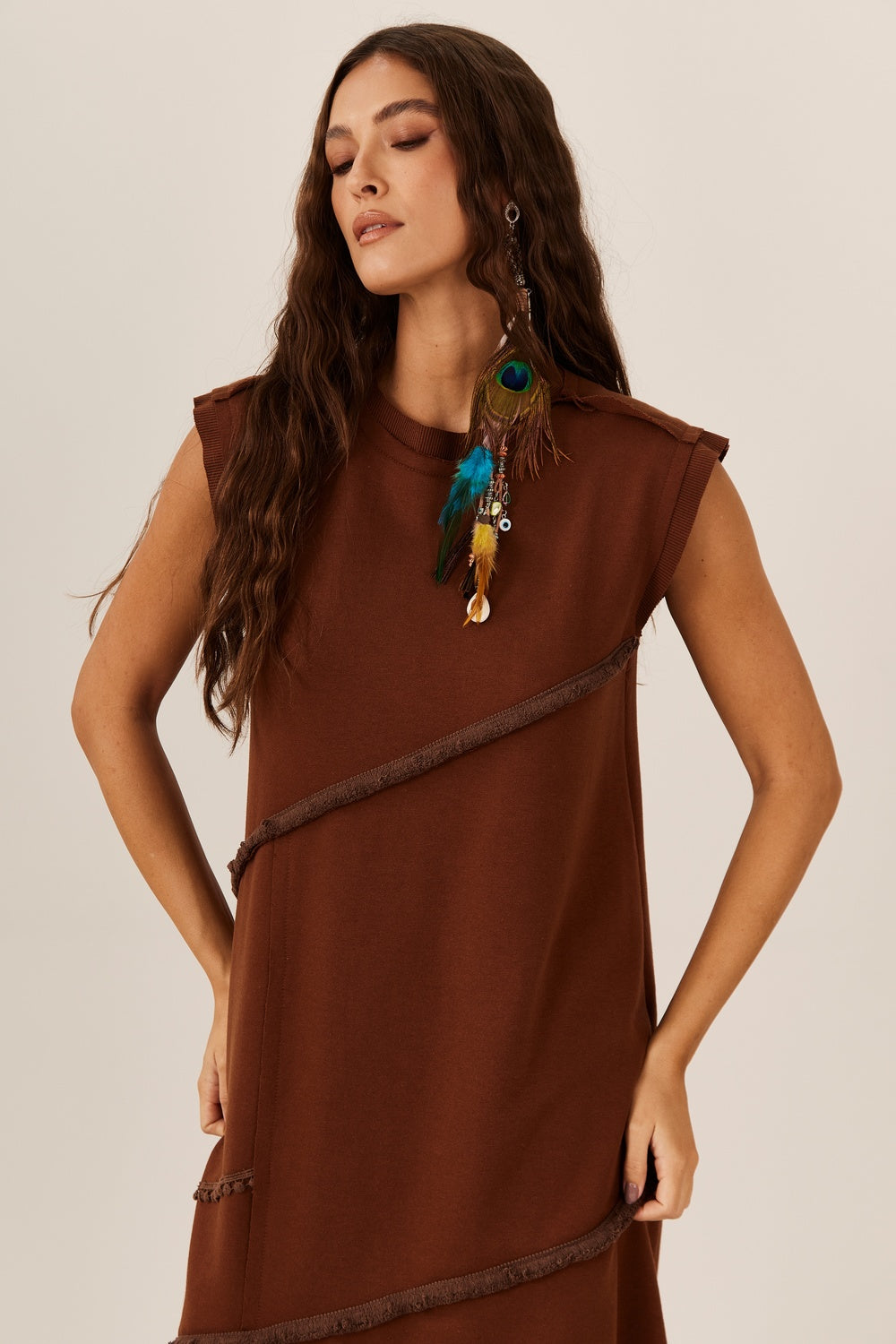 Yacamim Brown Lace Sweatshirt Midi Dress E11