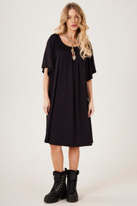 Yacamim D19 Plain Black Off-the-Shoulder Mini Dress