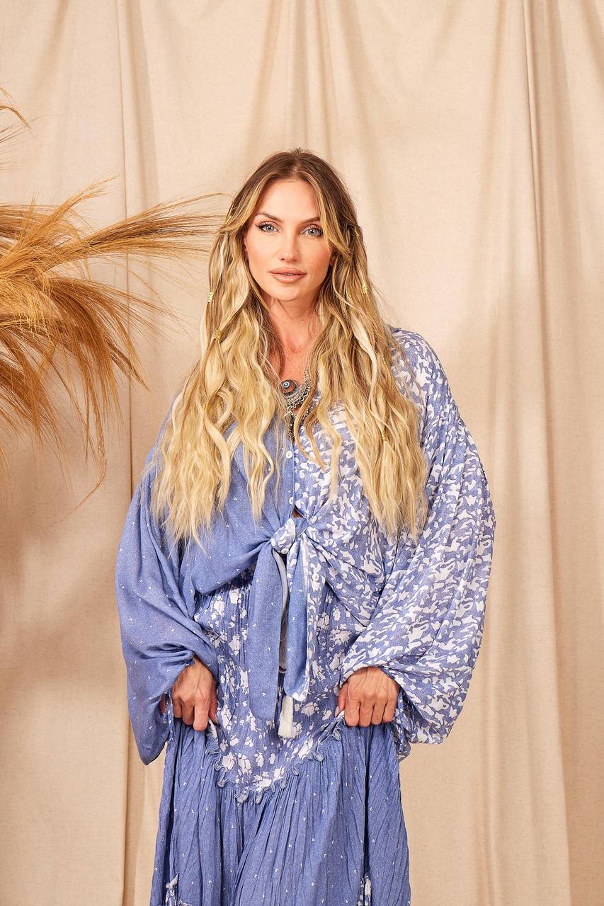 Yacamim E14 Blue Patchwork Loose Blouse with Puffy Long Sleeves