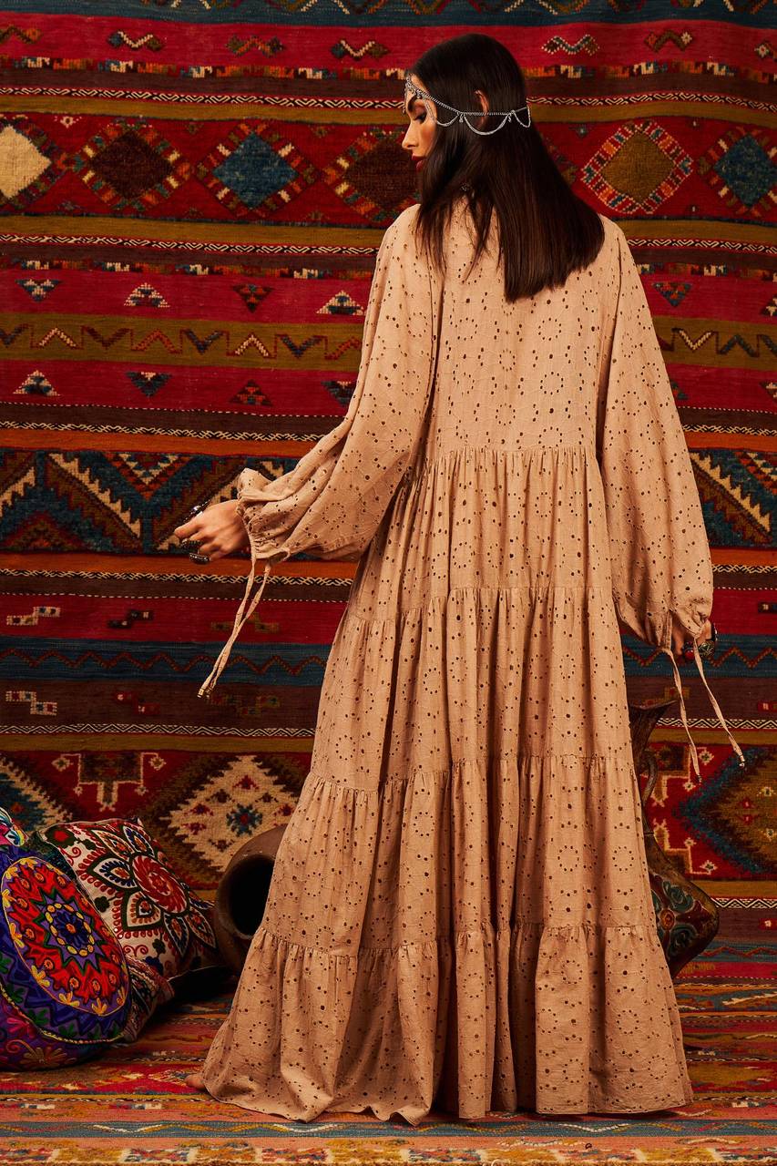 Yacamim Women's Beige Long Broderie Puff Sleeve V-Neck Dress