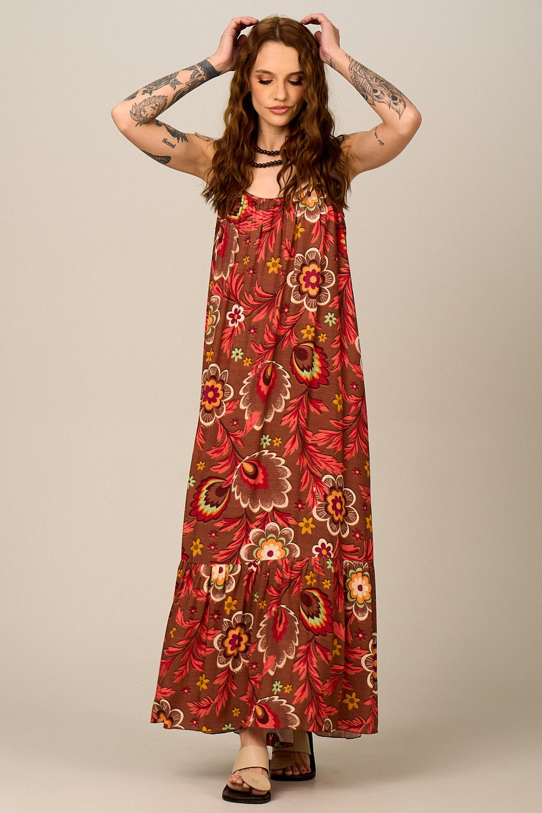 Yacamim E13 Printed Brown Long Dress with Adjustable Straps