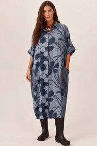 Chemise Ampla Estampada Com Bolsões Azul Petróleo Yacamim P7