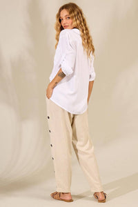 Yacamim Beige Viscose Linen Straight-Leg Trousers with Buttons