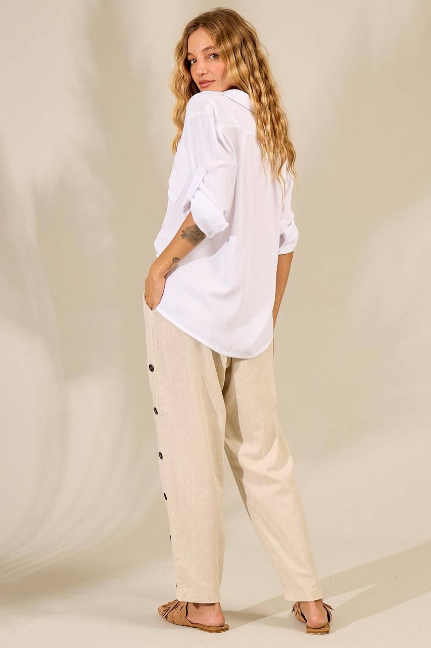 Yacamim Beige Viscose Linen Straight-Leg Trousers with Buttons