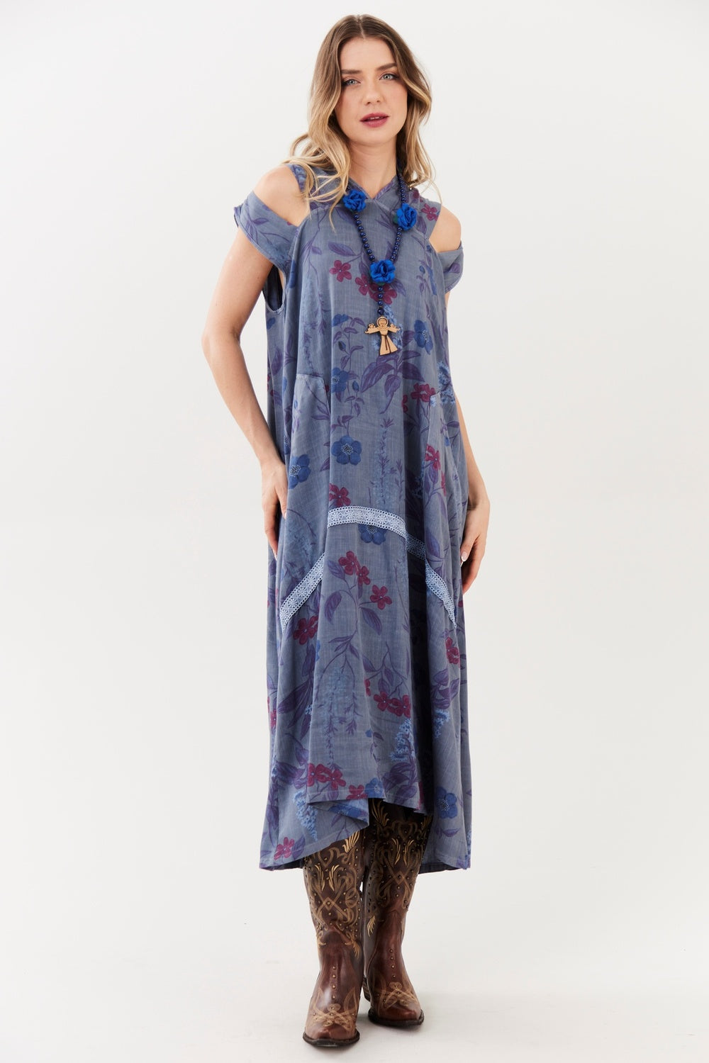 Yacamim D8 Midi Dress with Cut-Out Shoulders and Hood