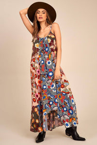 Yacamim D27 Printed Patchwork Long Dress with Adjustable Straps