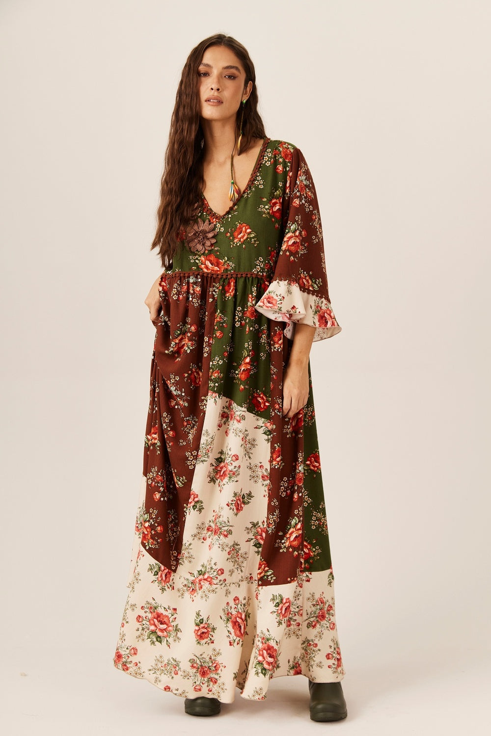Yacamim Burgundy Patchwork Long Dress with Crochet Appliqués E19