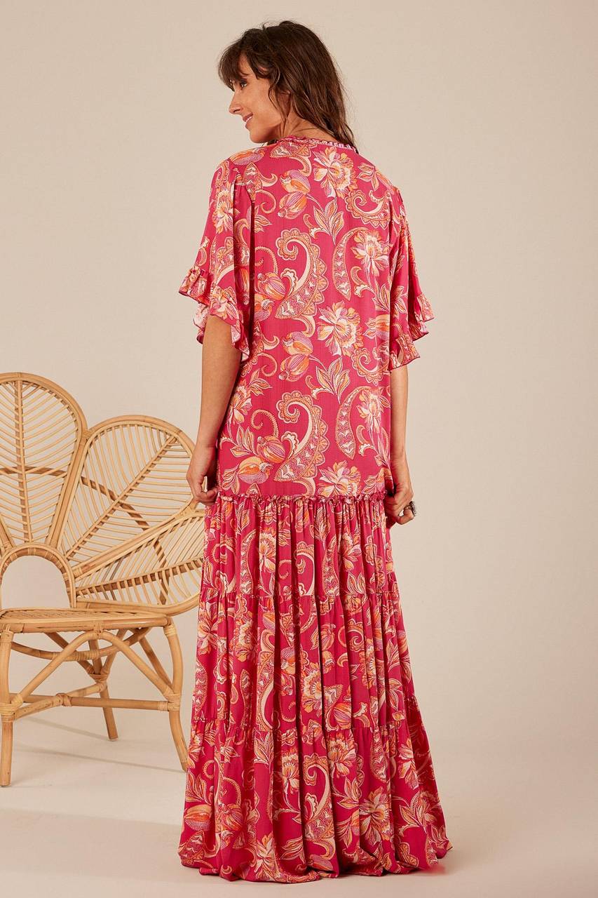 Yacamim Women's Pink Cashmere Print Shirred V-Neck Maxi Dress