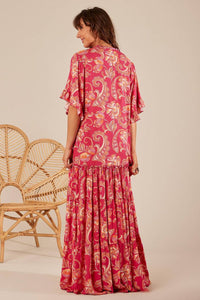 Yacamim Women's Pink Cashmere Print Shirred V-Neck Maxi Dress