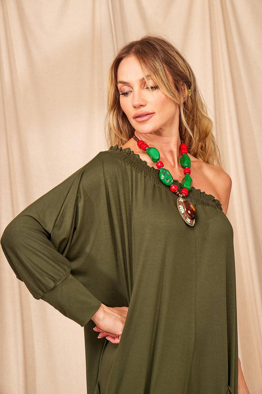 Yacamim Dark Green One-Shoulder Wide-Leg Jumpsuit with Pockets