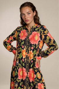 Chemise Ampla Longa Com Botões Pretos Preto Floral Yacamim L7