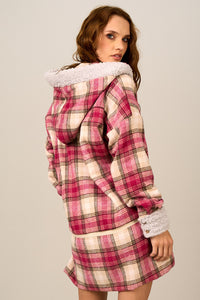 Yacamim Women's Pink and Beige Plaid Fleece-Lined Oversized Hooded Jacket L9