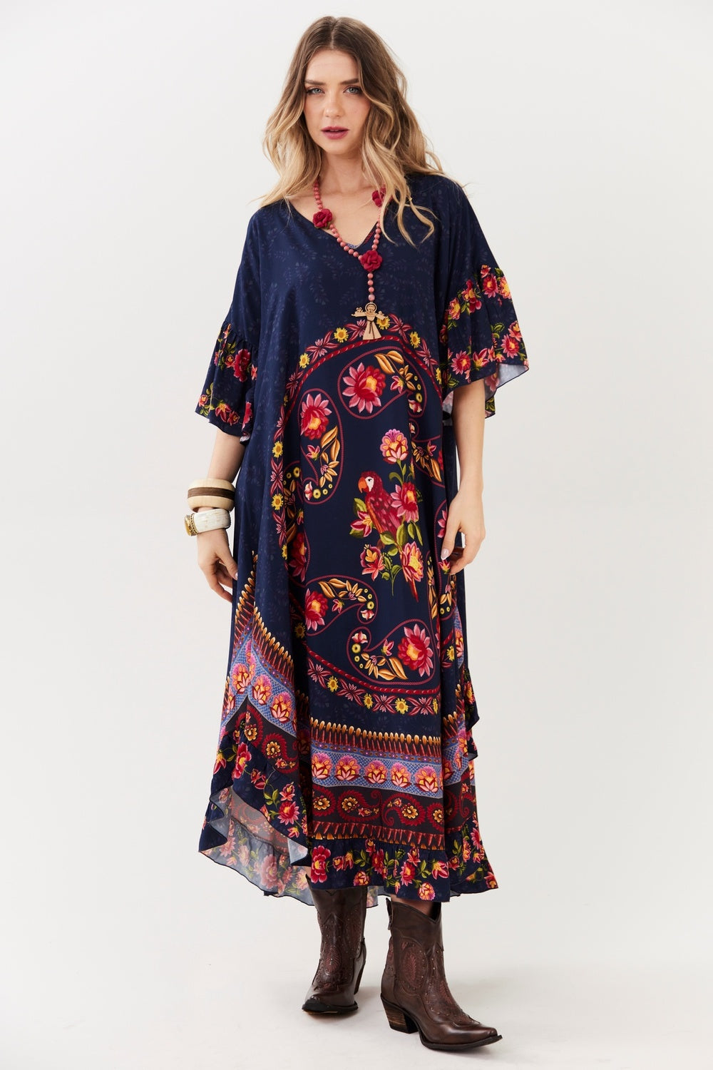 Vestido Amplo Midi Azul Marinho Paisley Yacamim C2