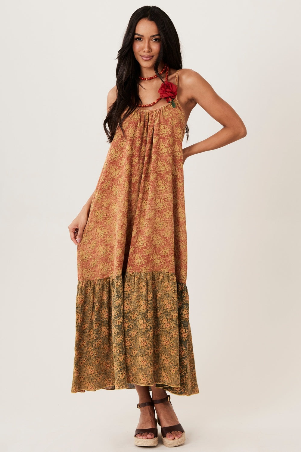 Olinda Midi Dress 100% Cotton Brown Patchwork Yacamim E20