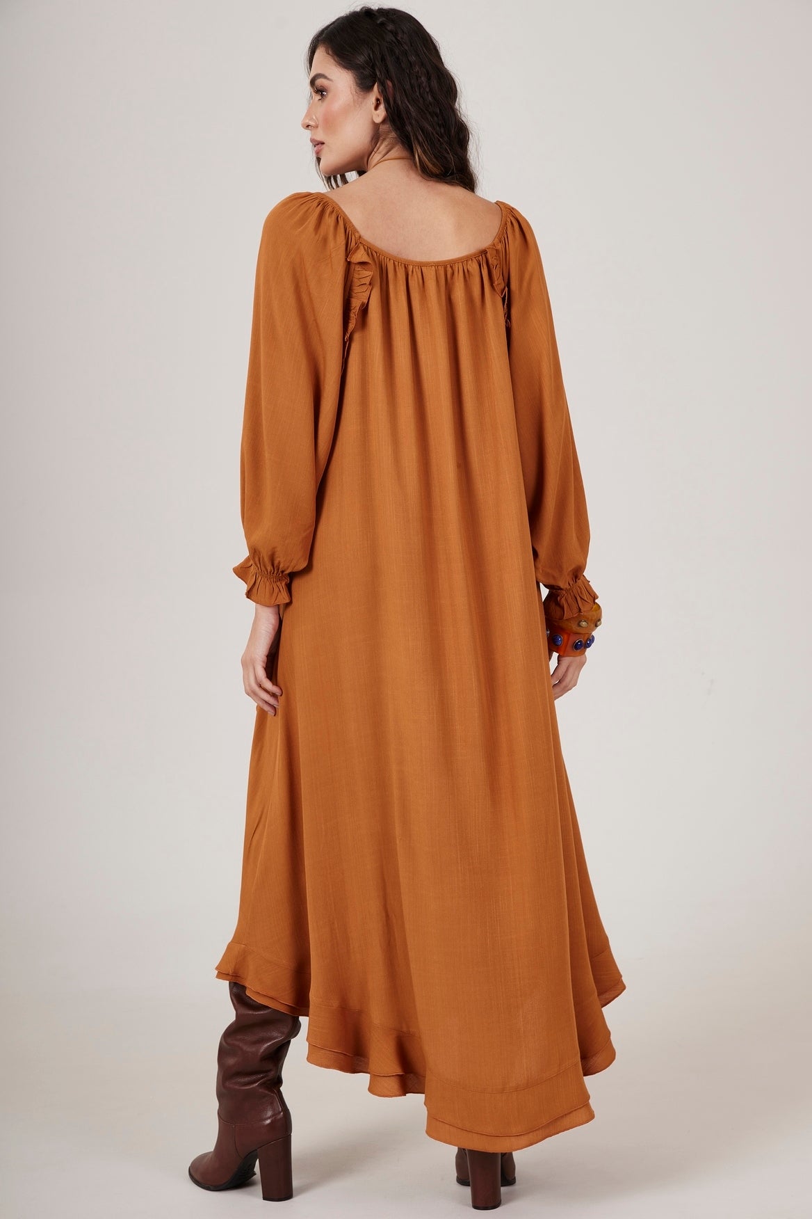 Yacamim D9 Plain Caramel Off-the-Shoulder Long Dress