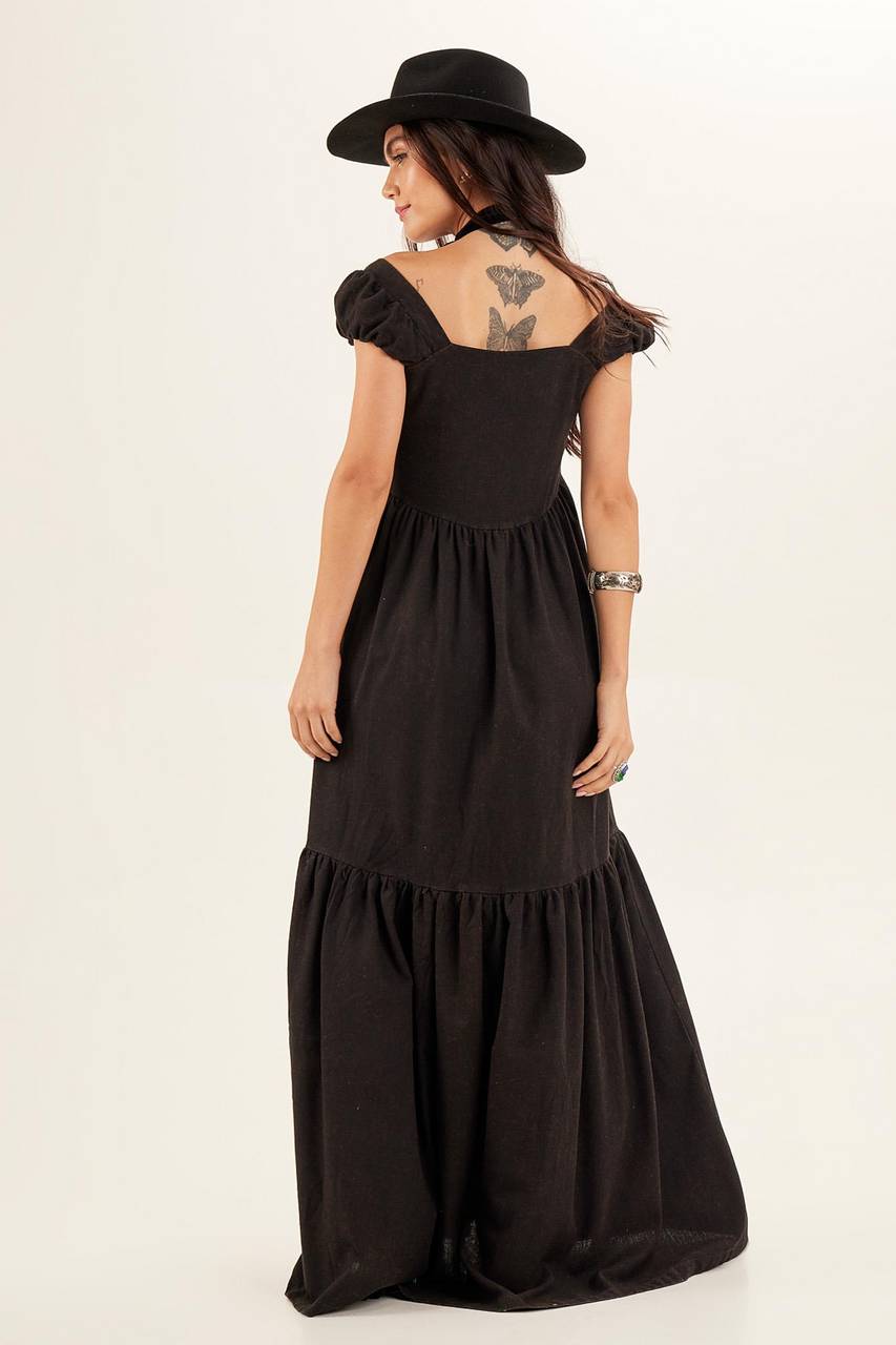 Yacamim Brown Linen Long Dress with Lace Inserts